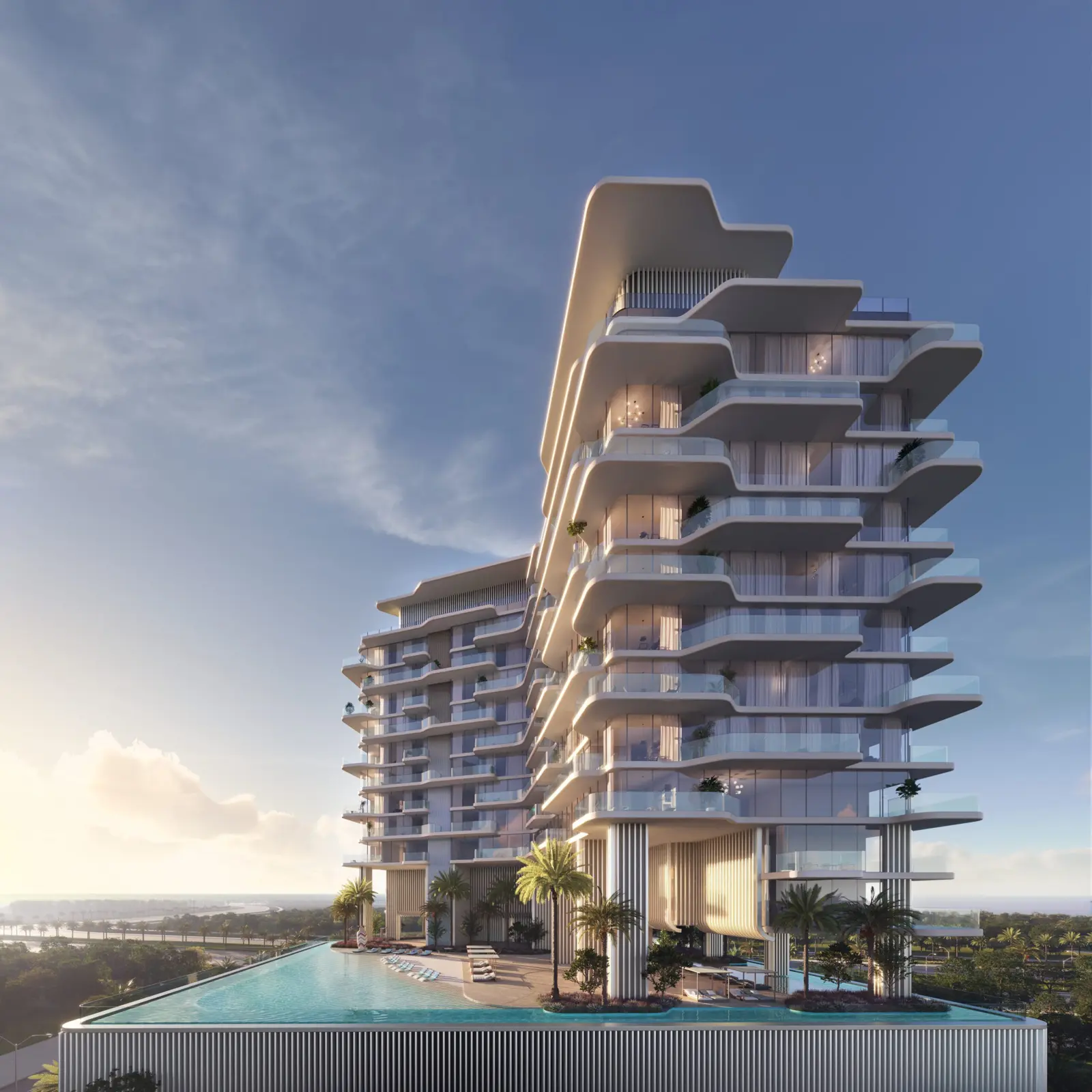 Tower and infinity pool at sunset