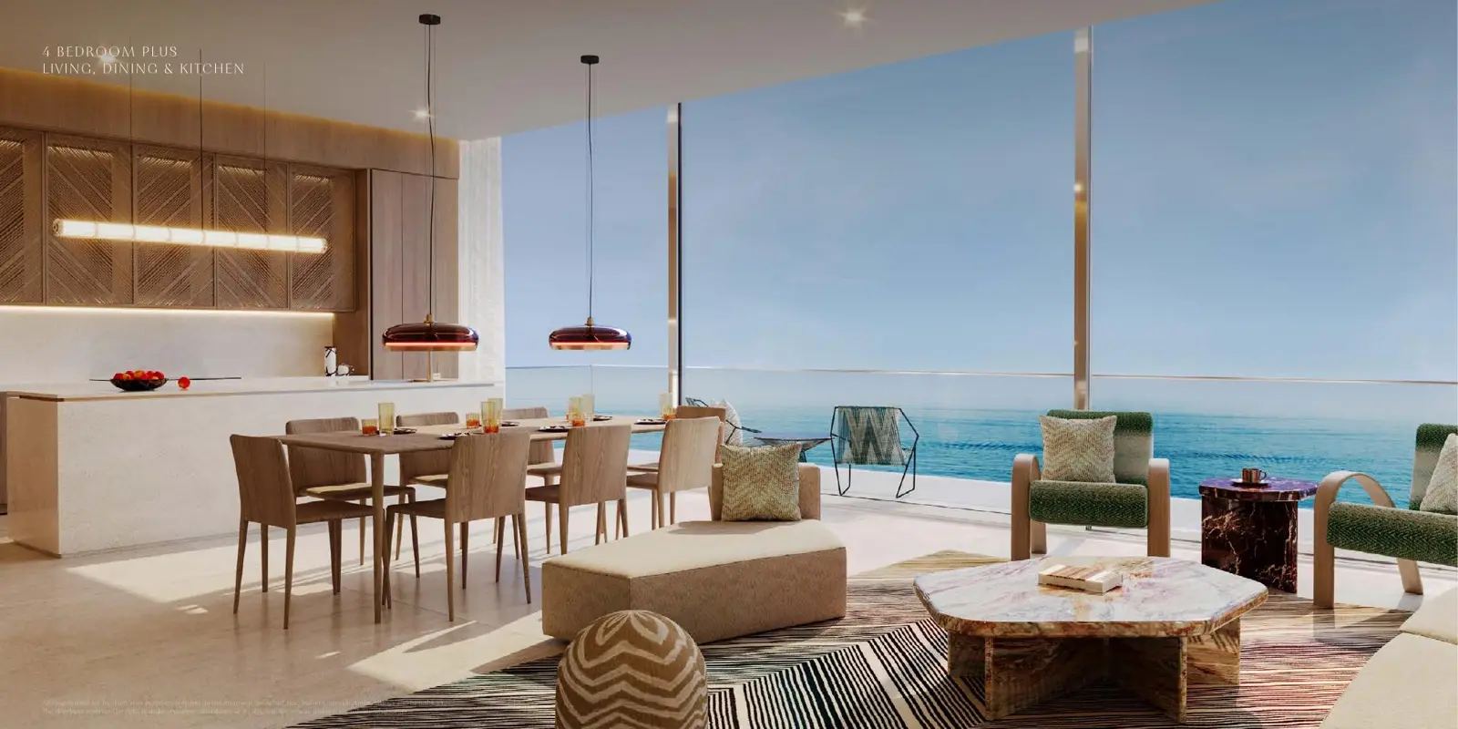 Four-bedroom living, dining and kitchen with sea view