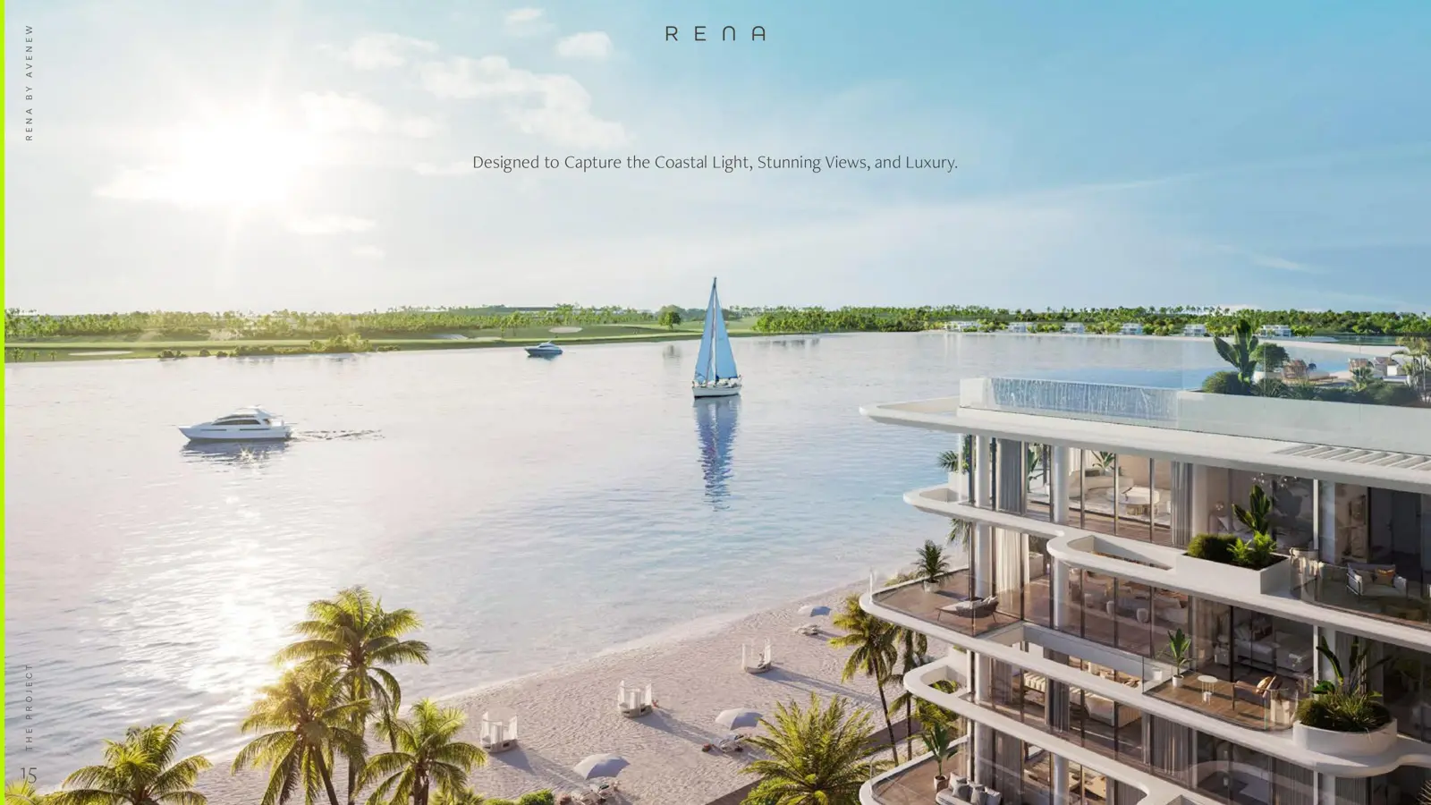 Terraced building above beach with sailboat on water