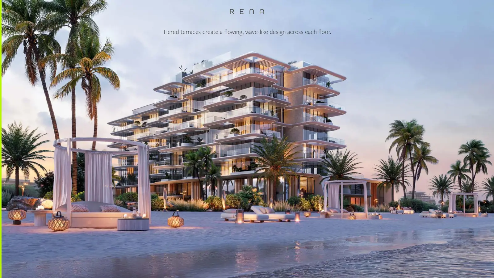 Tower at dusk with beach daybeds in front