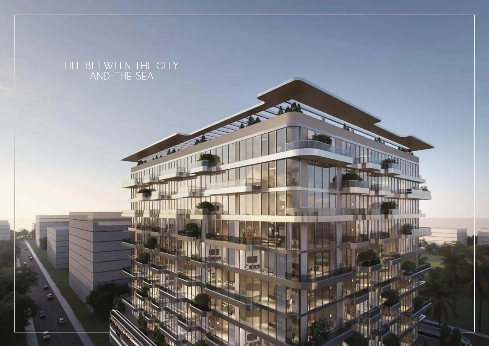 Tiered facade with glass balconies and rooftop