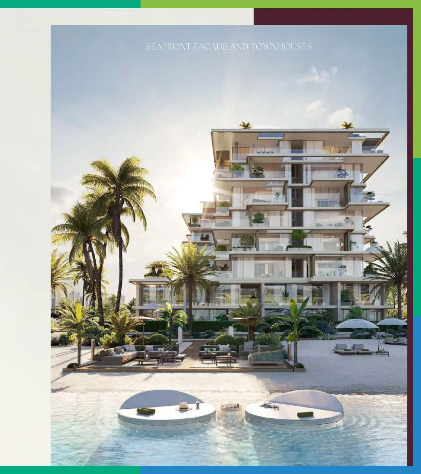 Seafront facade with beach and floating loungers
