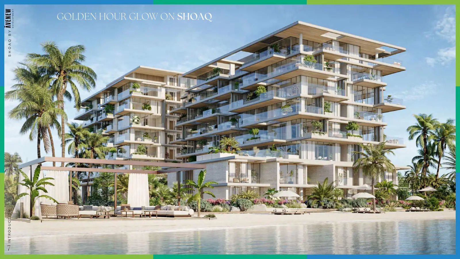 Building at golden hour seen from the beach