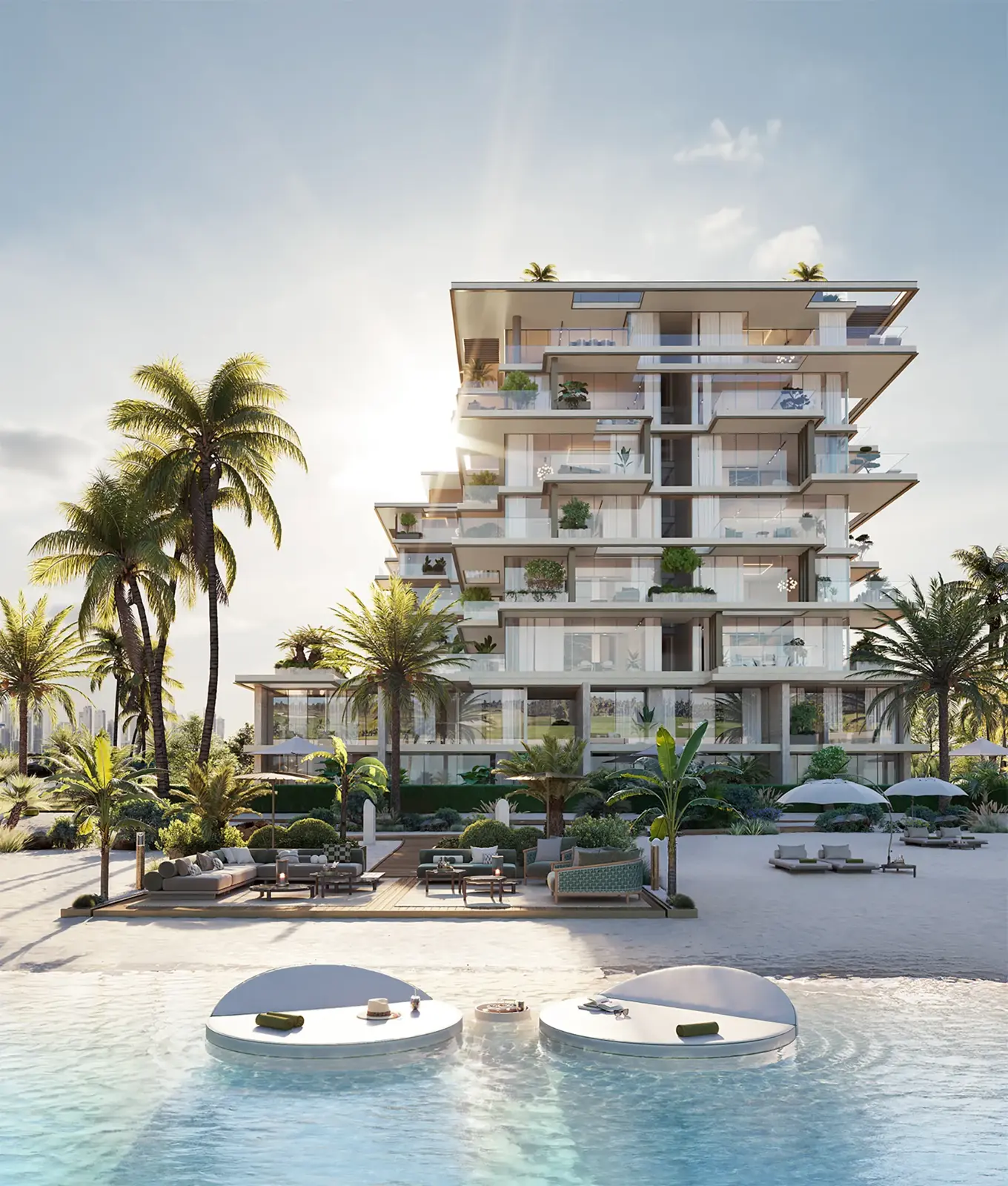 Building facade above beach and pool lounge