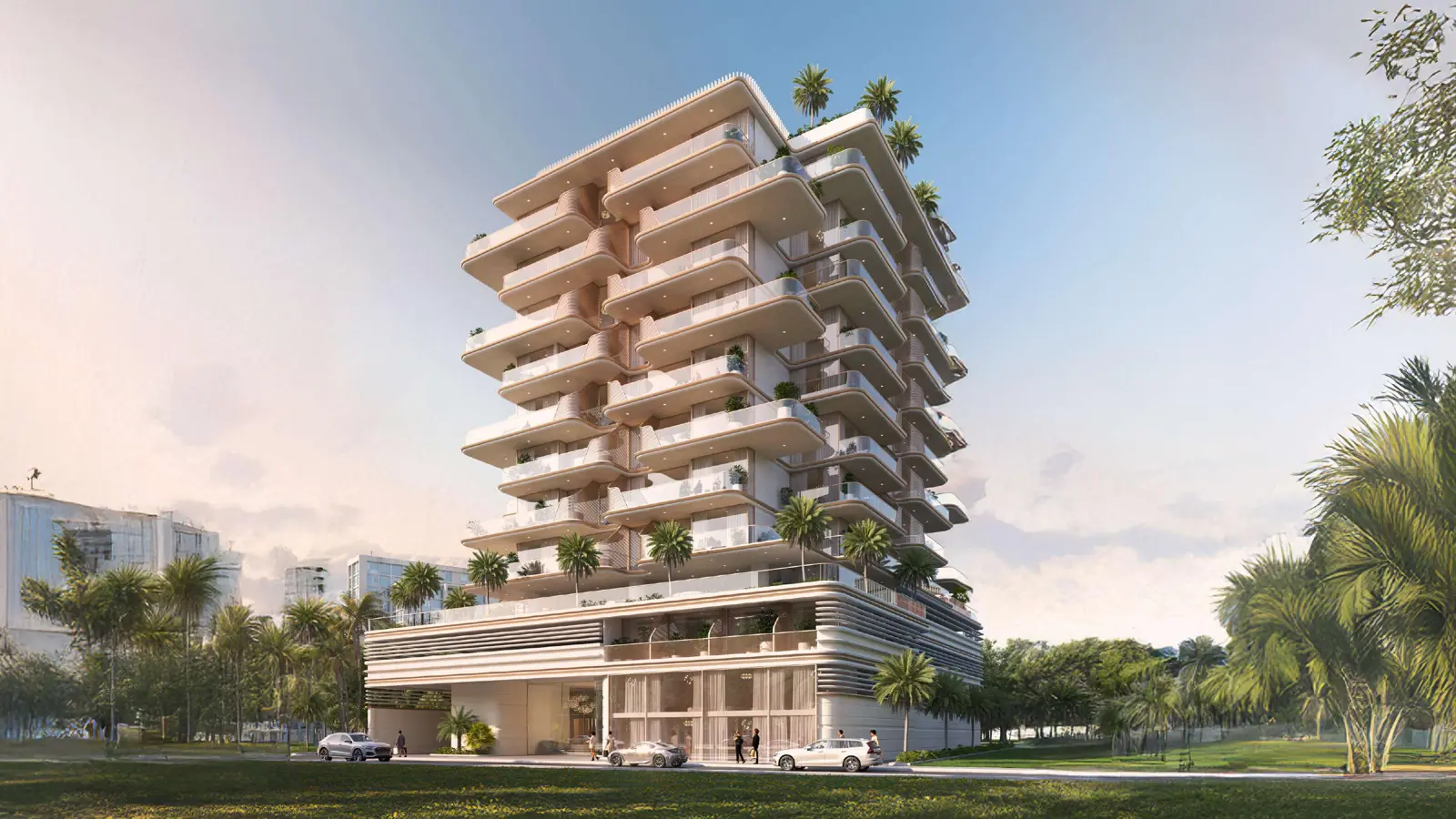 Tower with curved terraces seen from the park