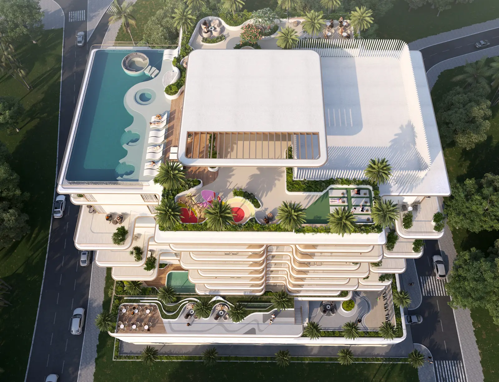 Aerial view of the rooftop pool and terraces