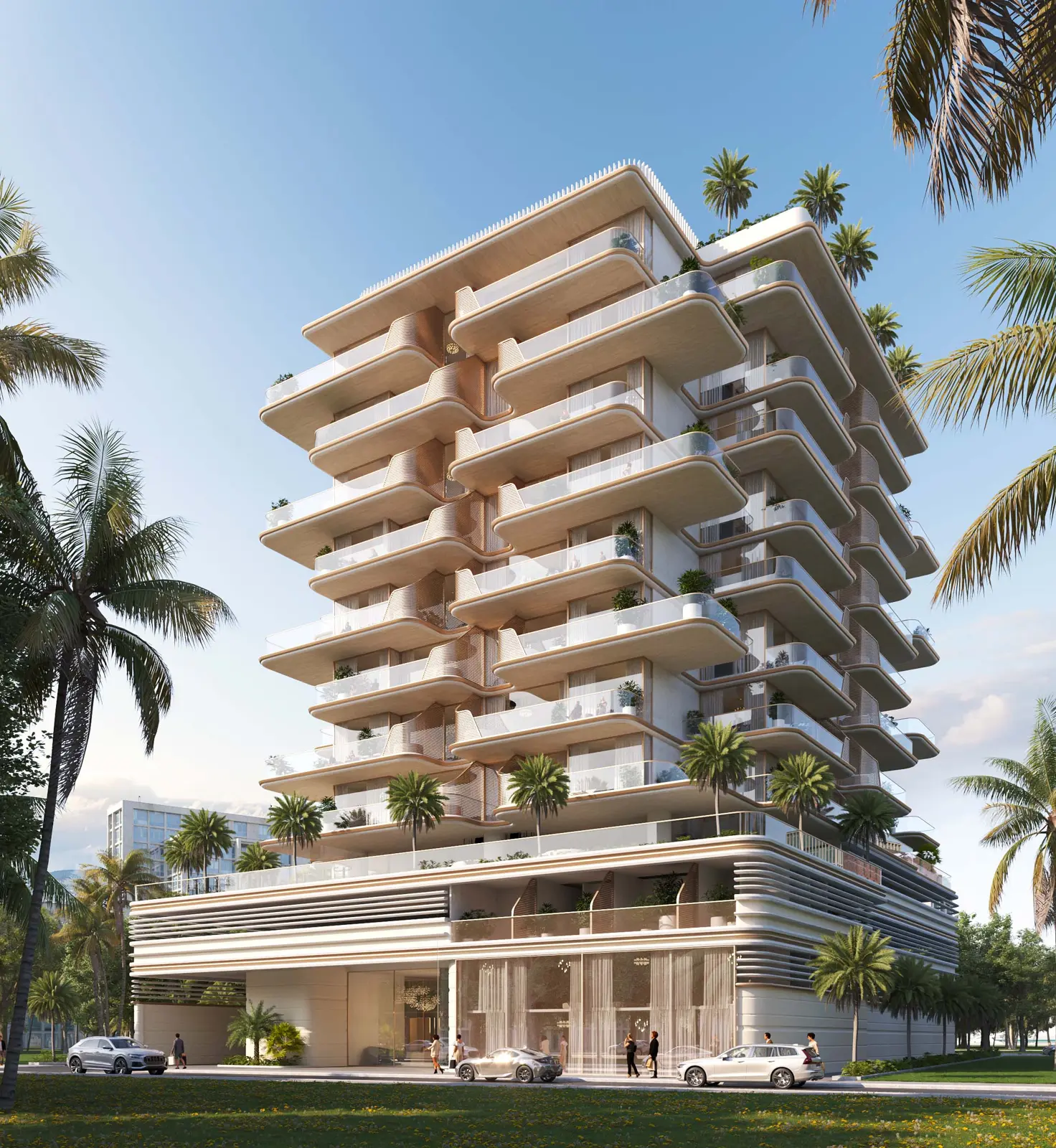 Tower with curved balconies and podium base