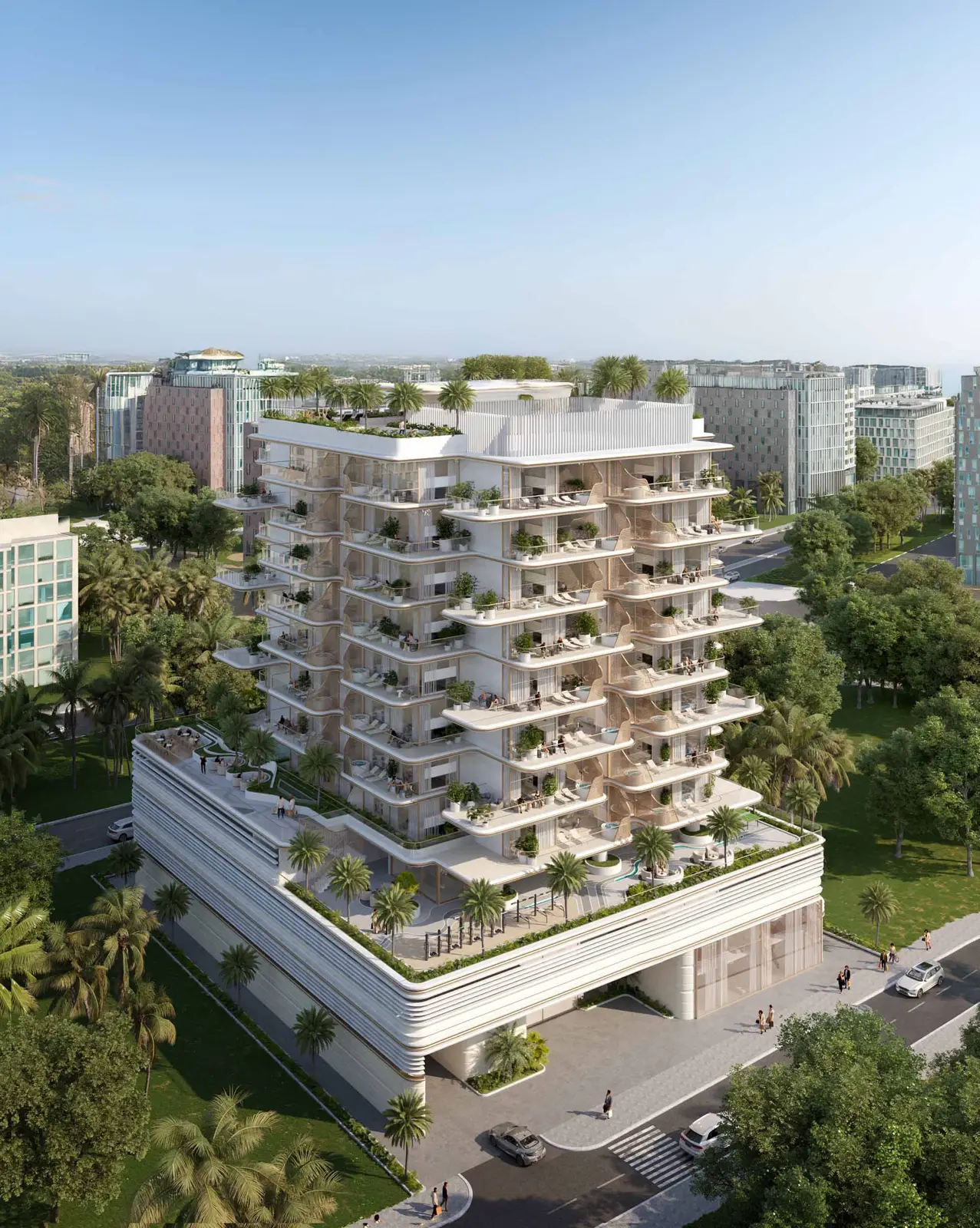 Aerial view of the tower and podium garden