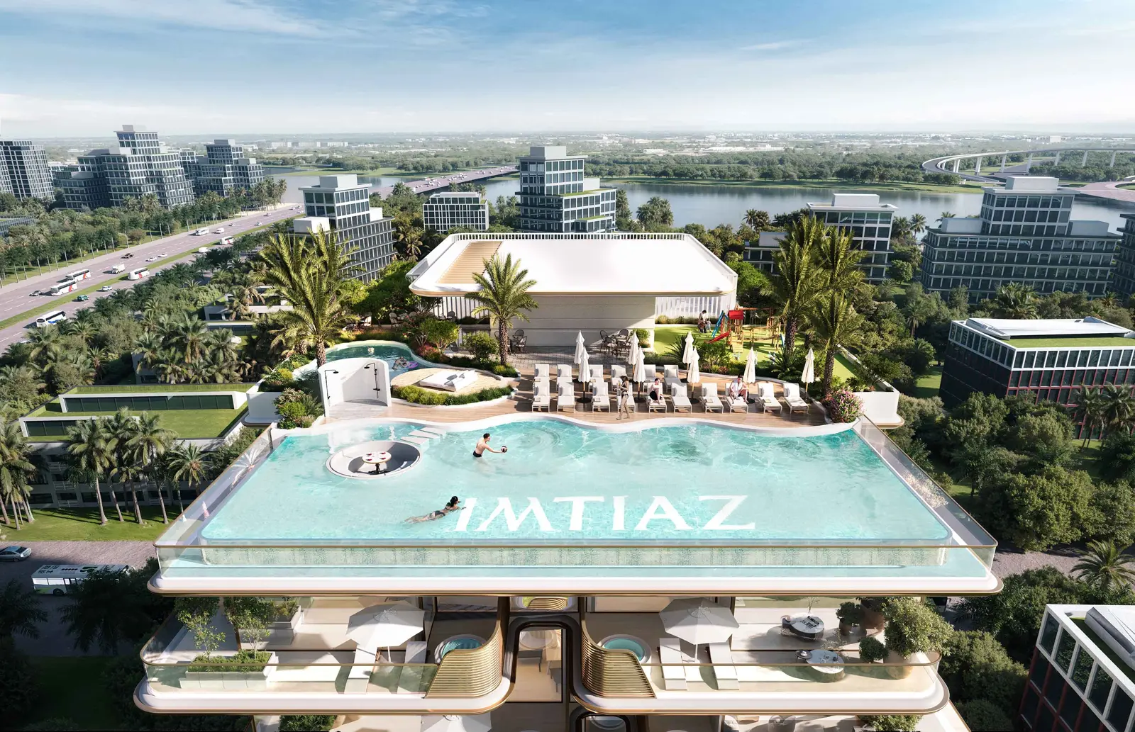 Rooftop infinity pool seen from above