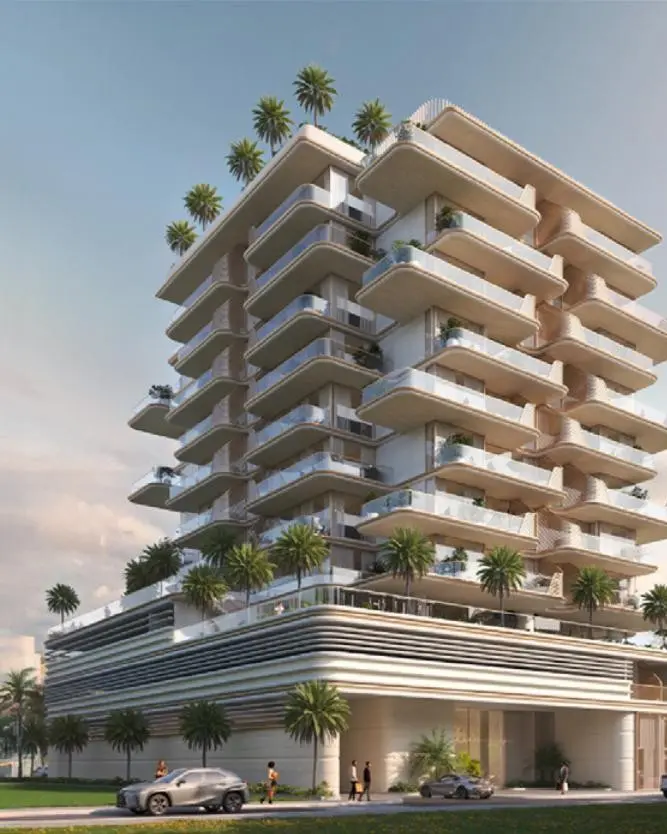 Tower with terraced balconies above a podium