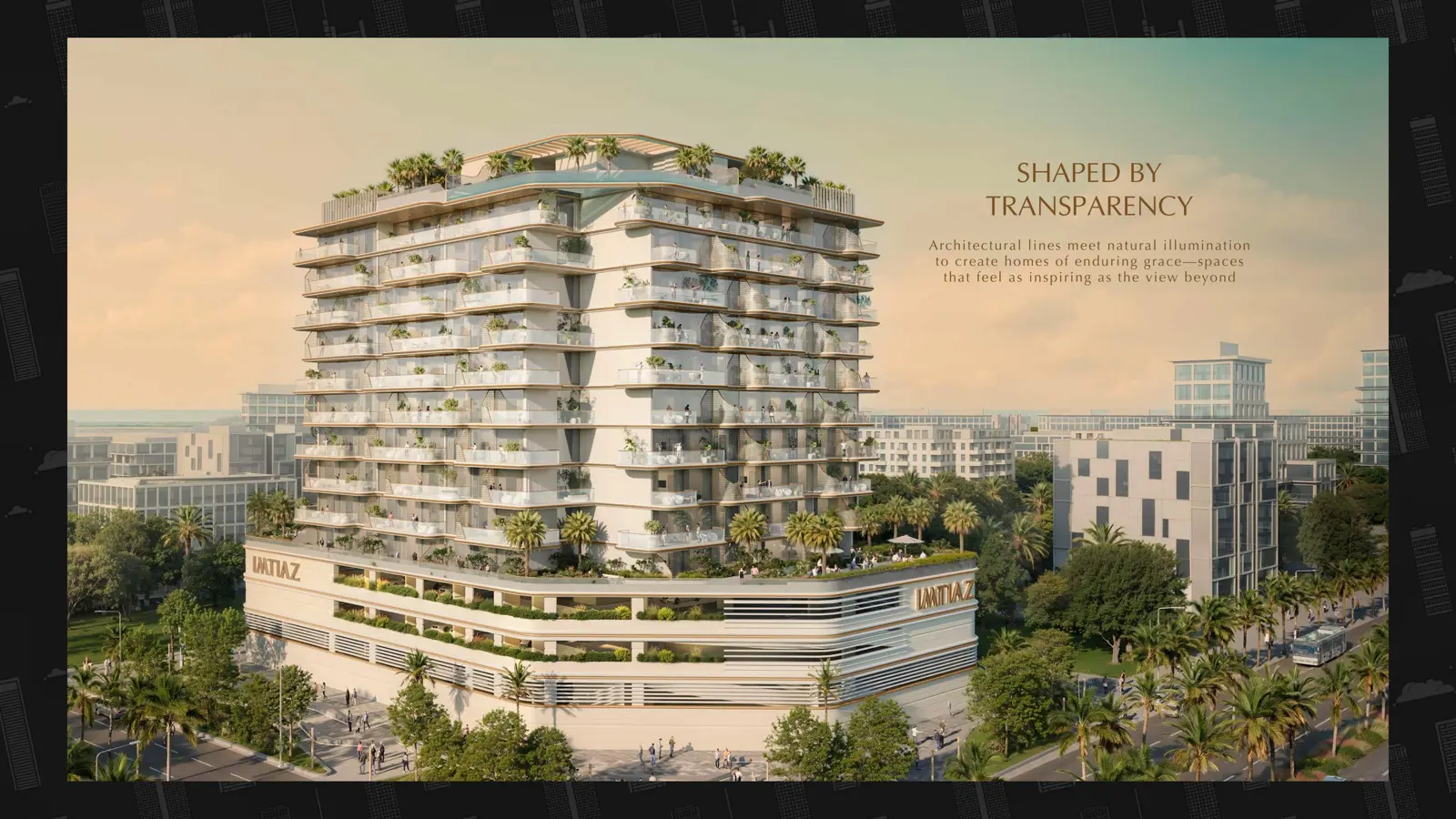 Tower with terraced balconies above a podium