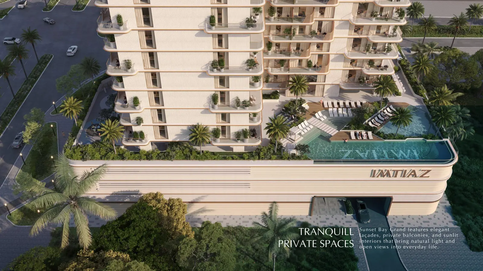 Aerial view of the podium-level pool deck