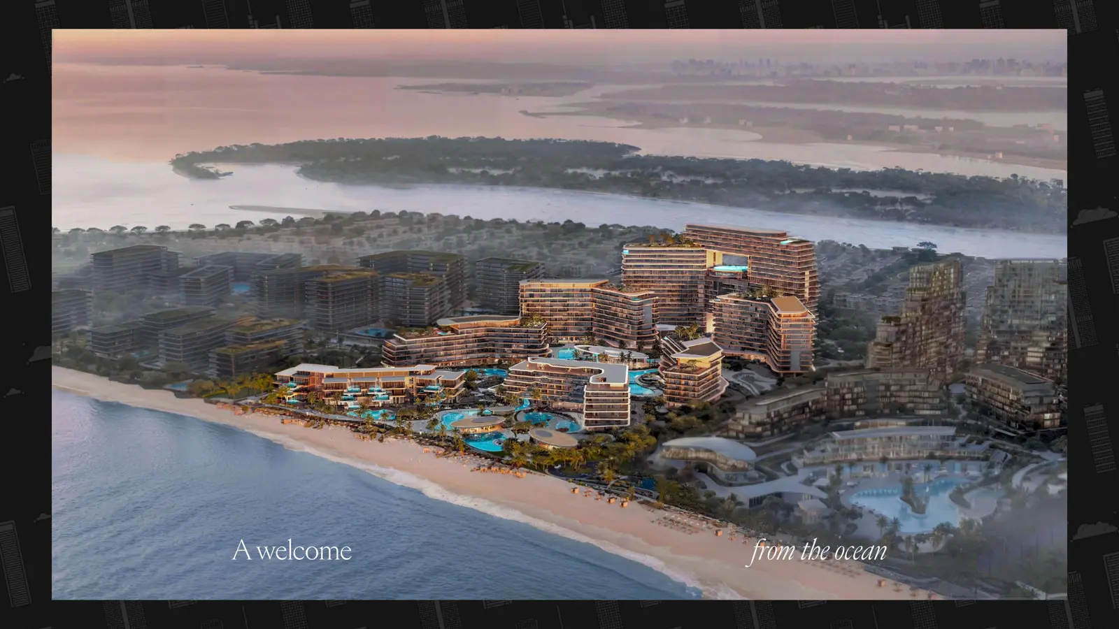 Aerial view of the beachfront community at sunset