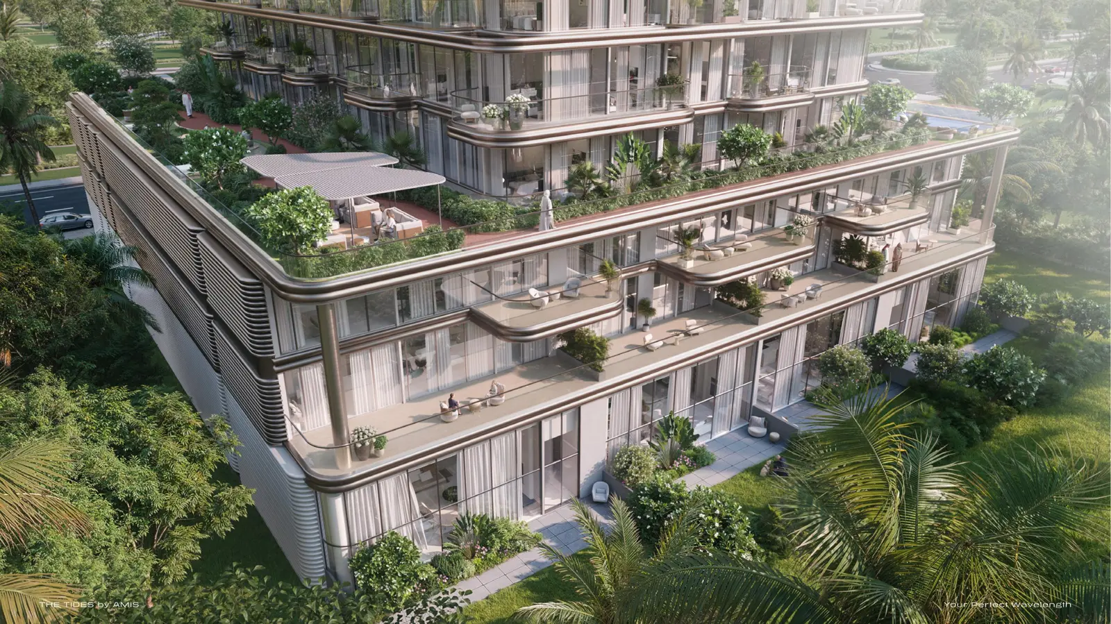 Podium terraces and landscaped balconies from above