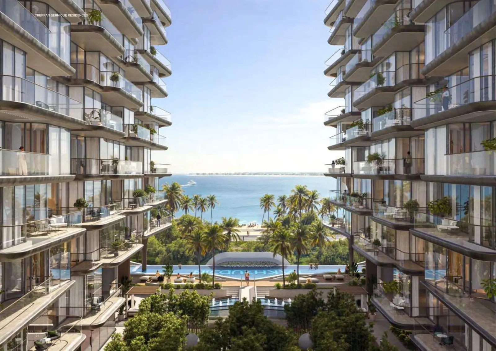 Twin towers framing a pool and the sea