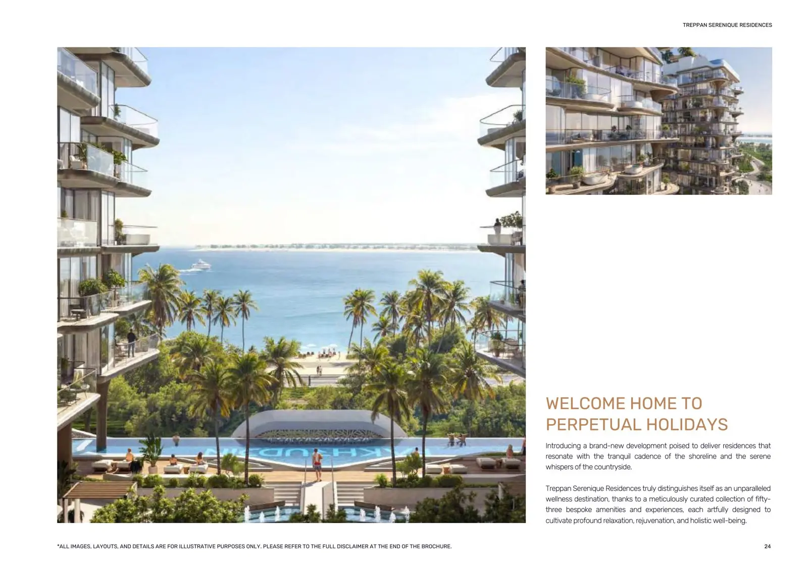 Pool and palms between the towers, sea beyond