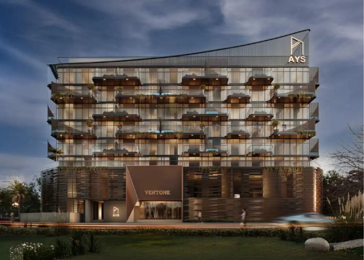 Front facade of Ventone with balconies at dusk
