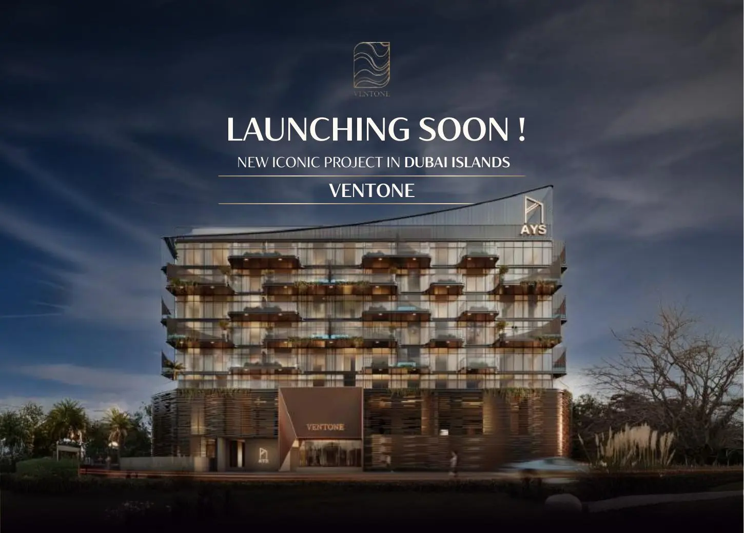 Night view of the Ventone building with launch text