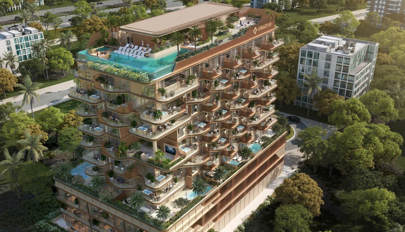 Aerial view of tower and glass-edged rooftop pool