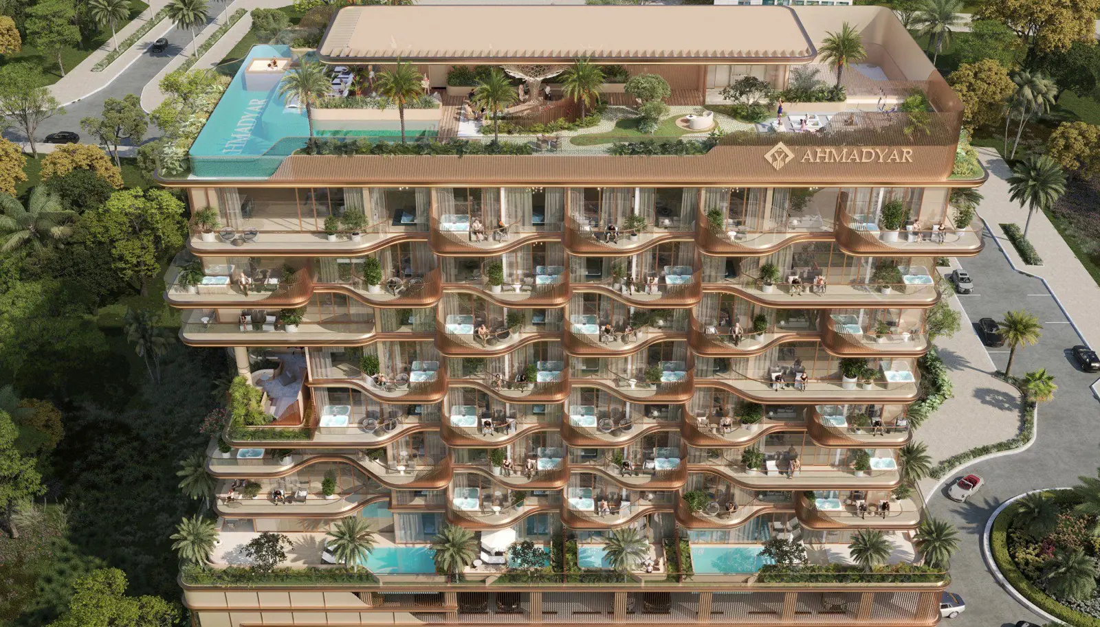 Aerial view of wavy balconies and rooftop pool
