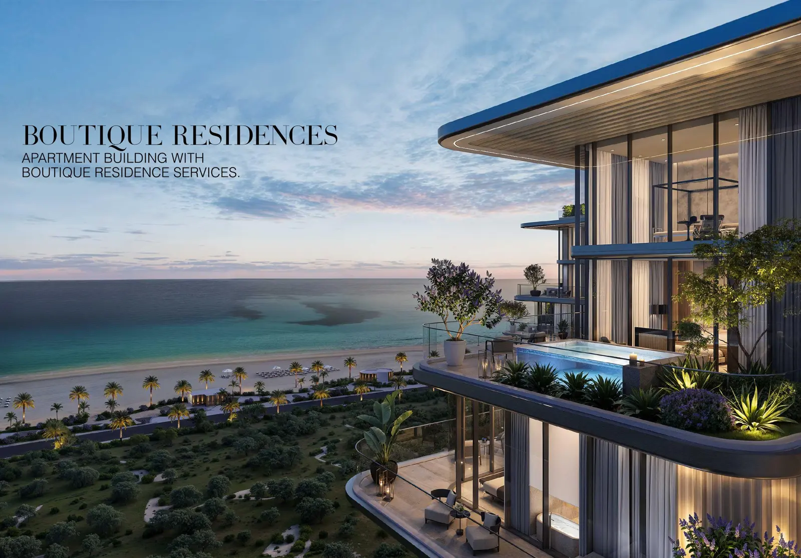 Terraces with private pool facing the sea at dusk
