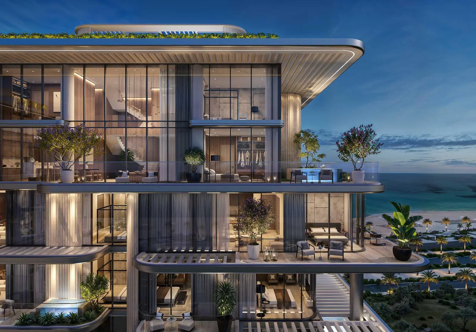Upper floors with glass walls and sea view