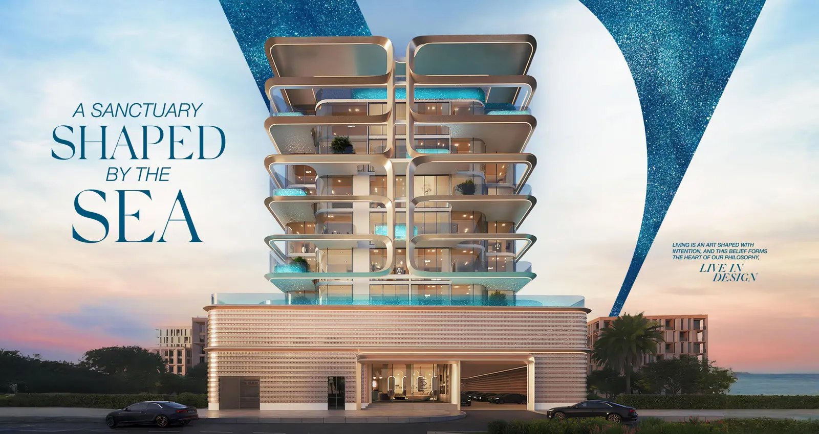 Full tower front view with podium and pool terraces