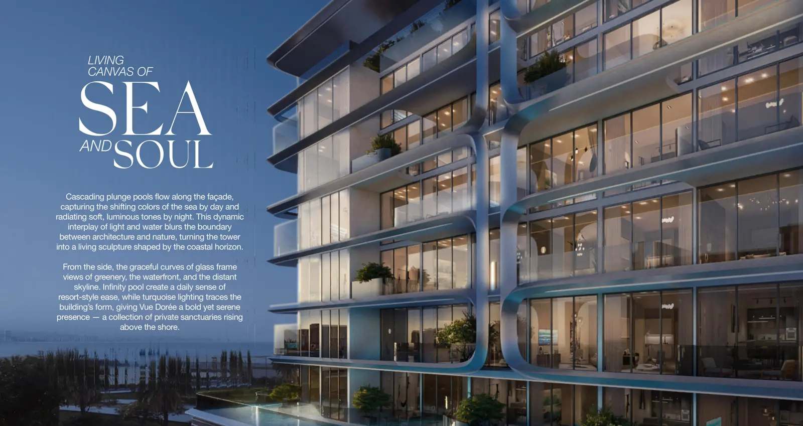 Facade close-up with curved frames and plunge pools
