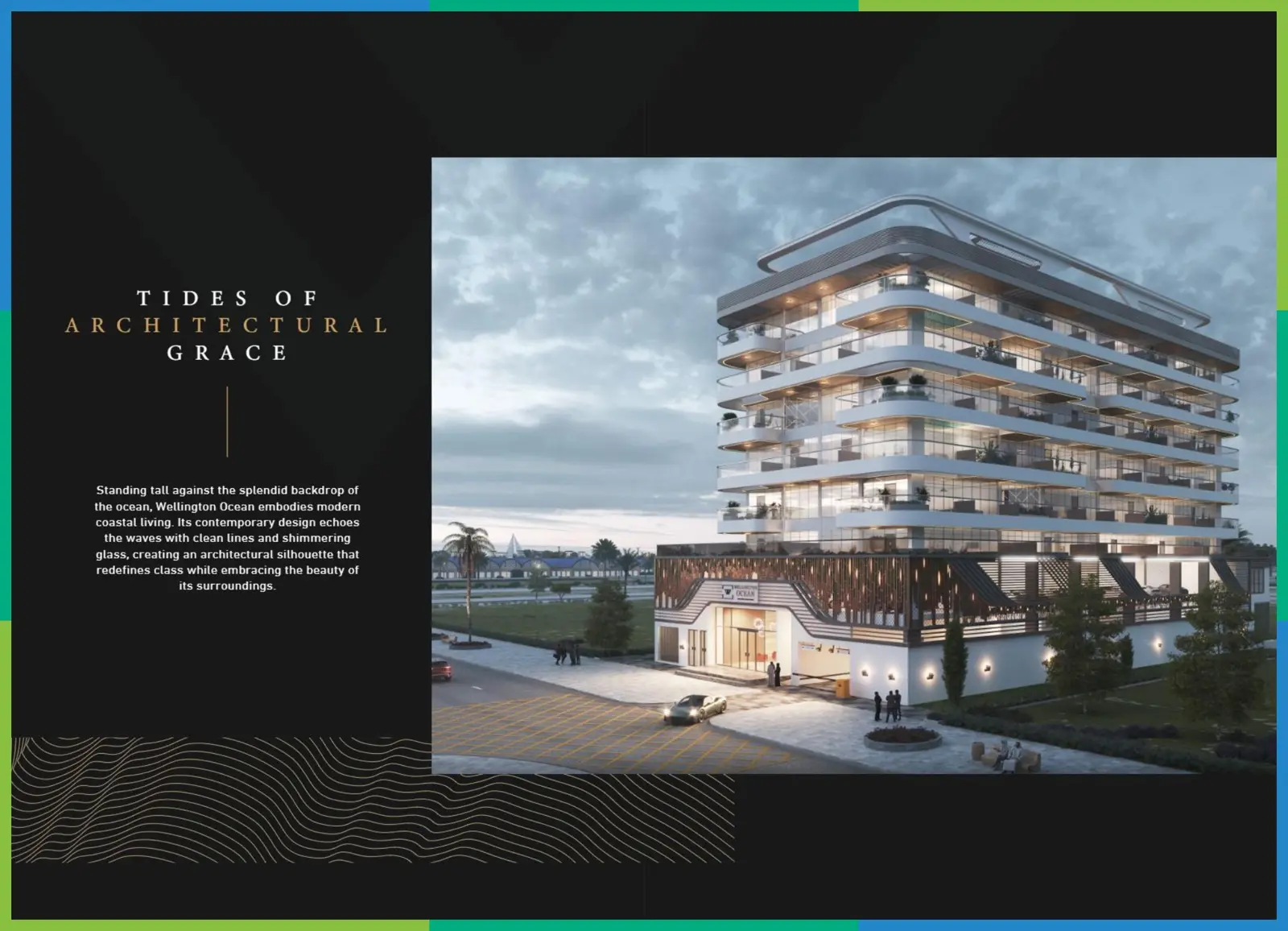 Building at dusk with lit balconies