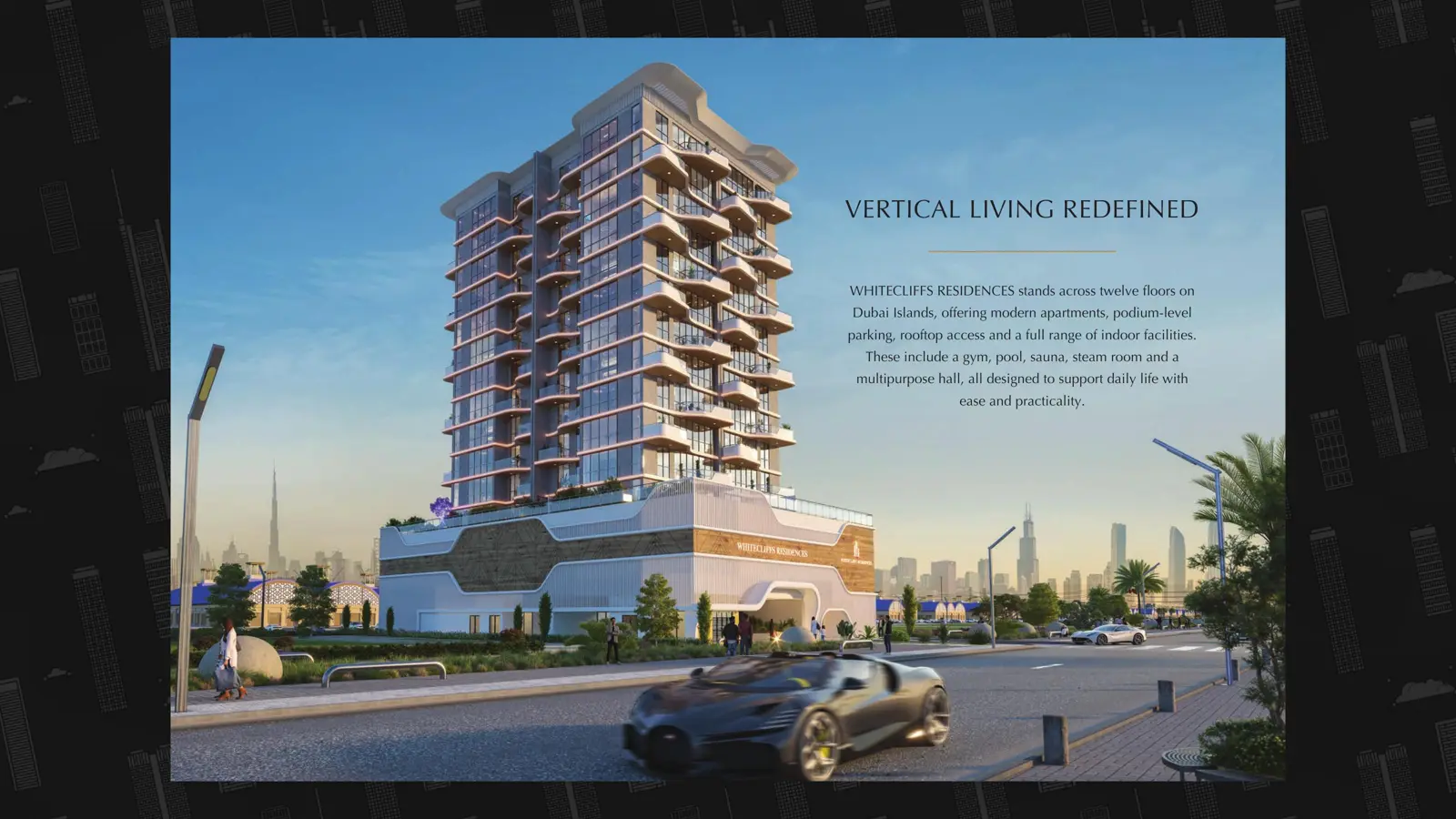 Twelve-floor tower on a podium seen from the street