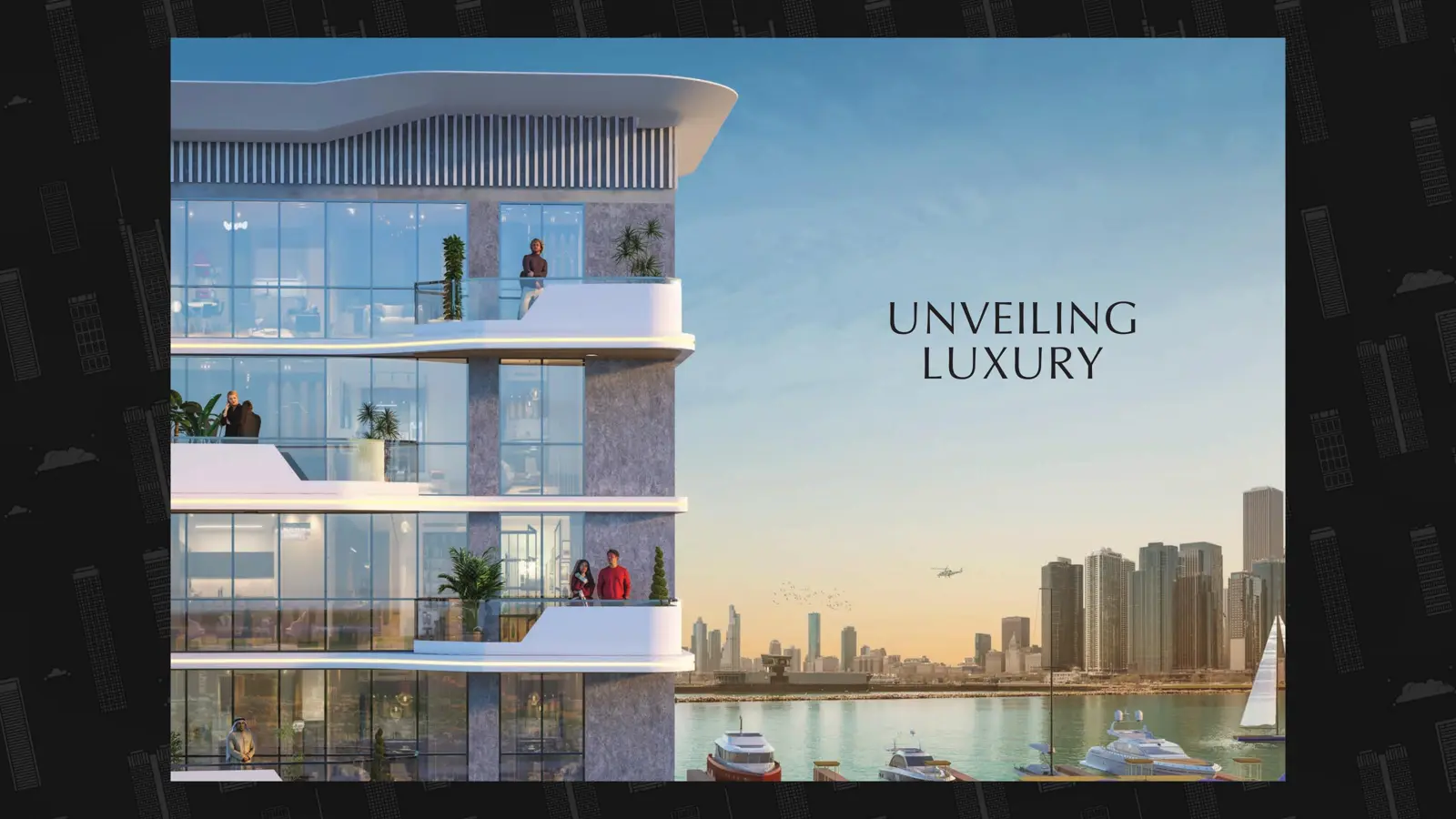 Balconies of the tower facing the marina and skyline