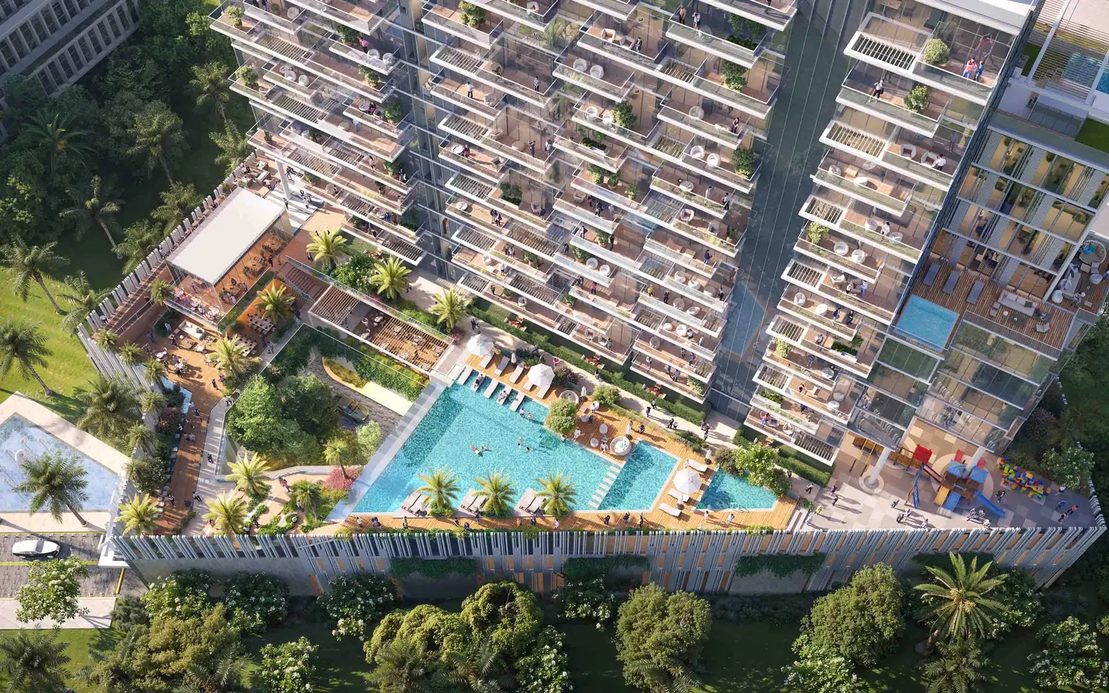 Aerial view of the tower, pool deck and gardens
