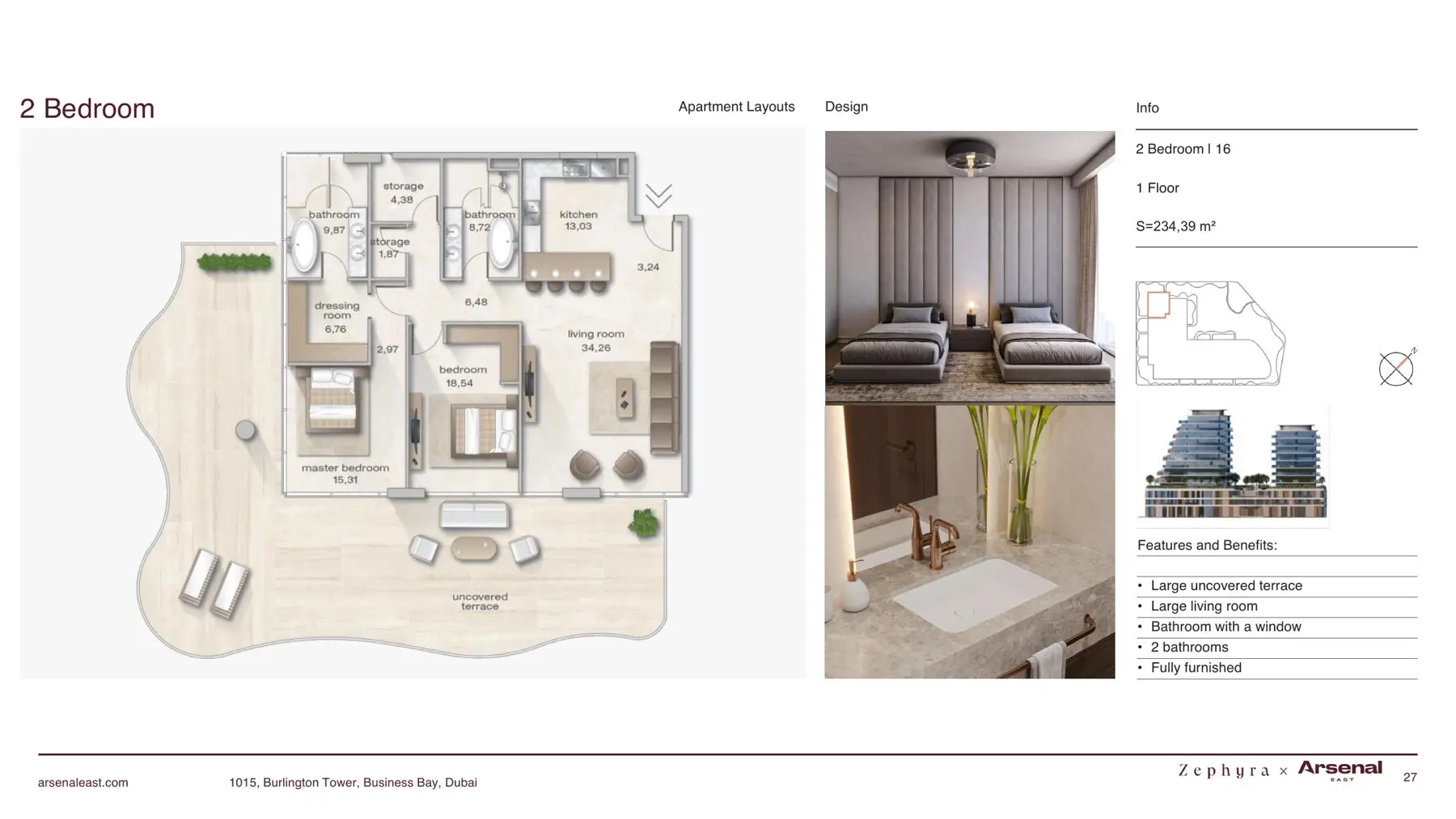 Two-bedroom apartment plan, 234.39 m2 with large terrace