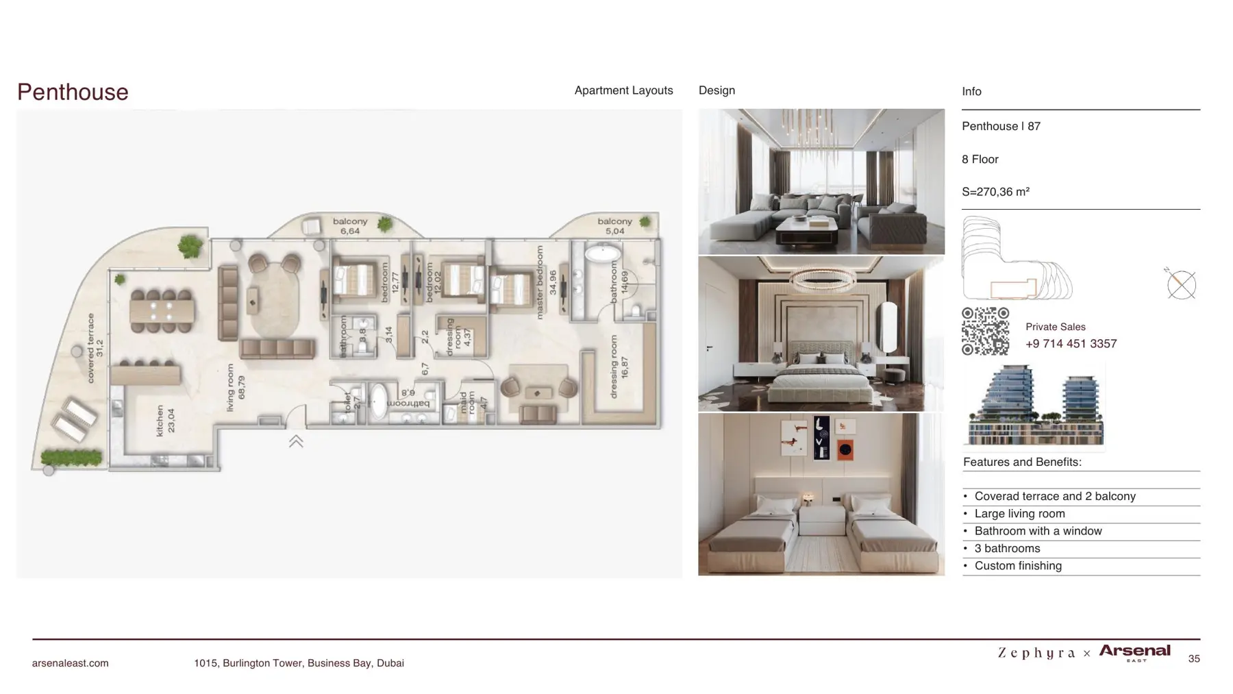Penthouse plan, 270.36 m2 with terrace and balconies