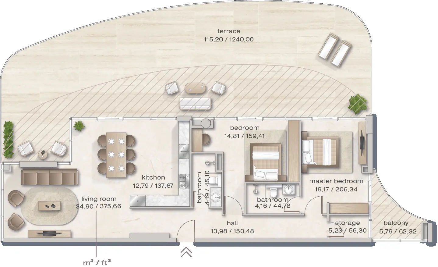 Two-bedroom plan with large terrace