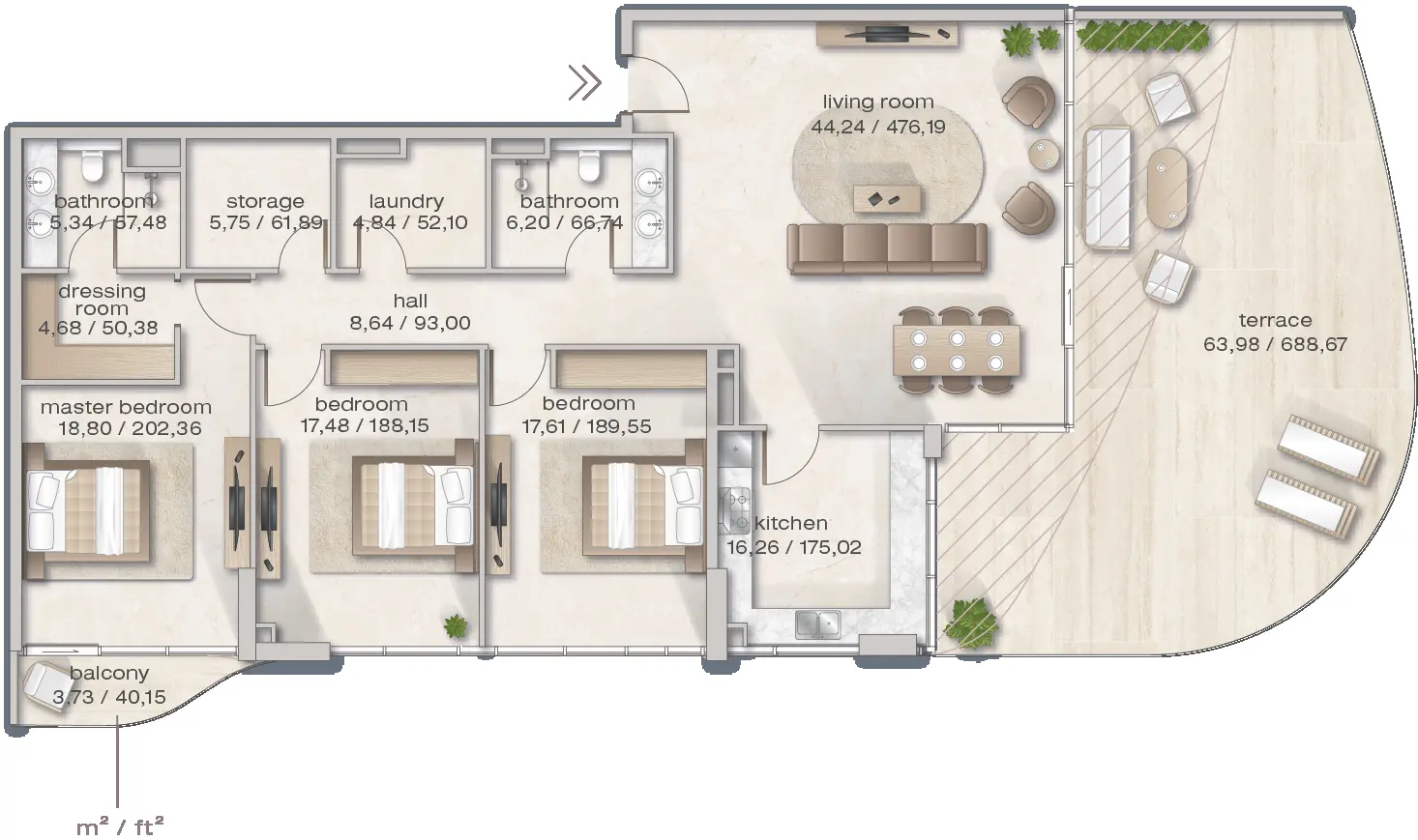 Three-bedroom plan with terrace and balcony