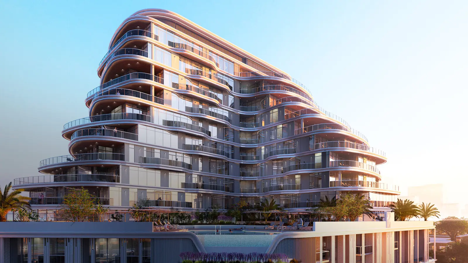 Stepped building with curved balconies and rooftop pool