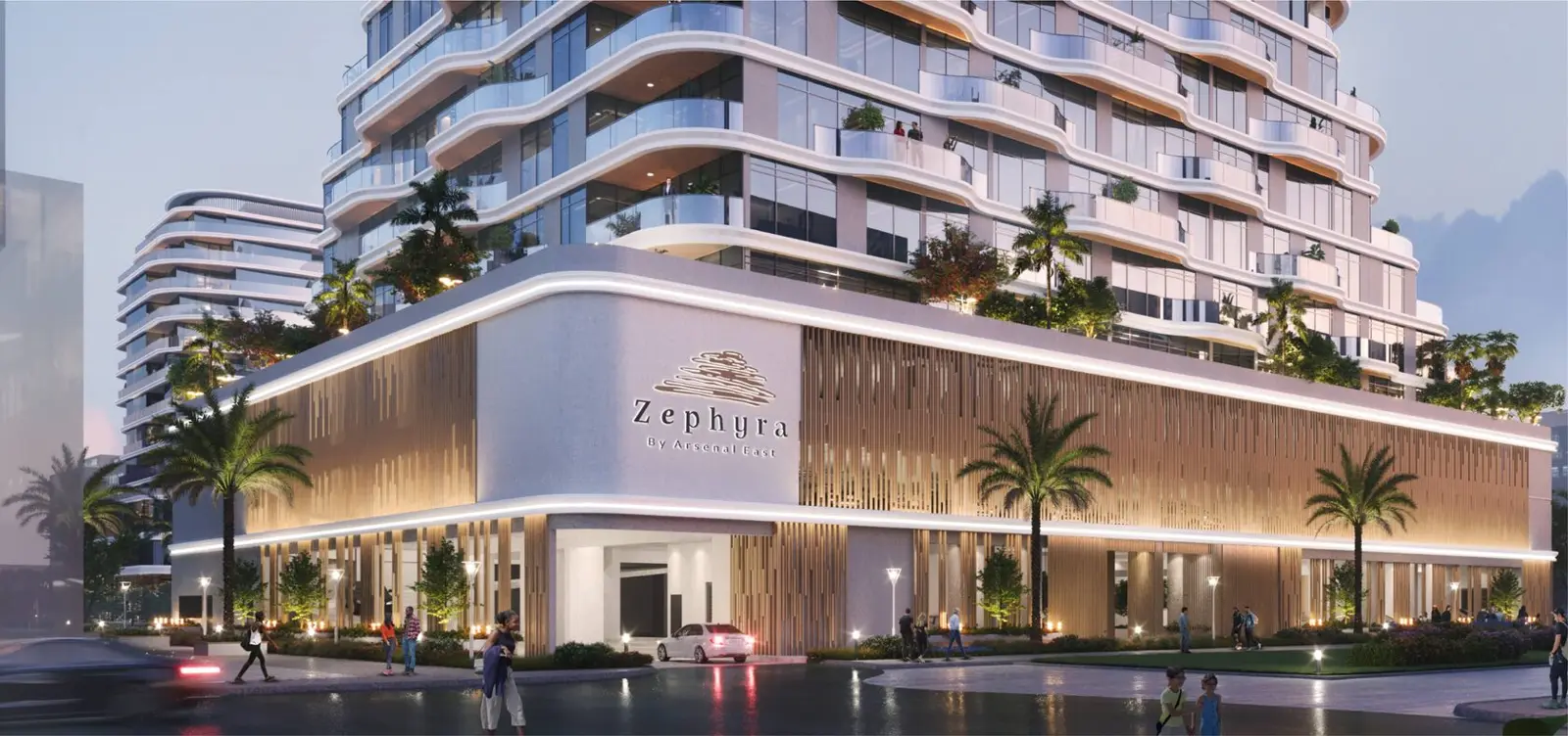 Entrance podium with Zephyra sign and palms