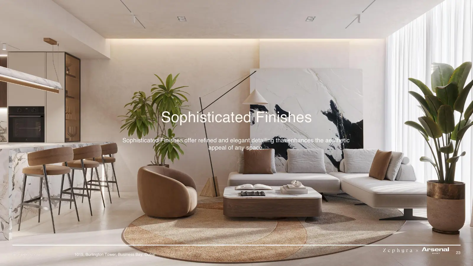 Living room and kitchen with marble island