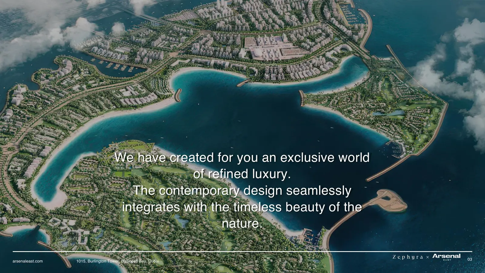 Aerial render of Dubai Islands with golf courses and bays