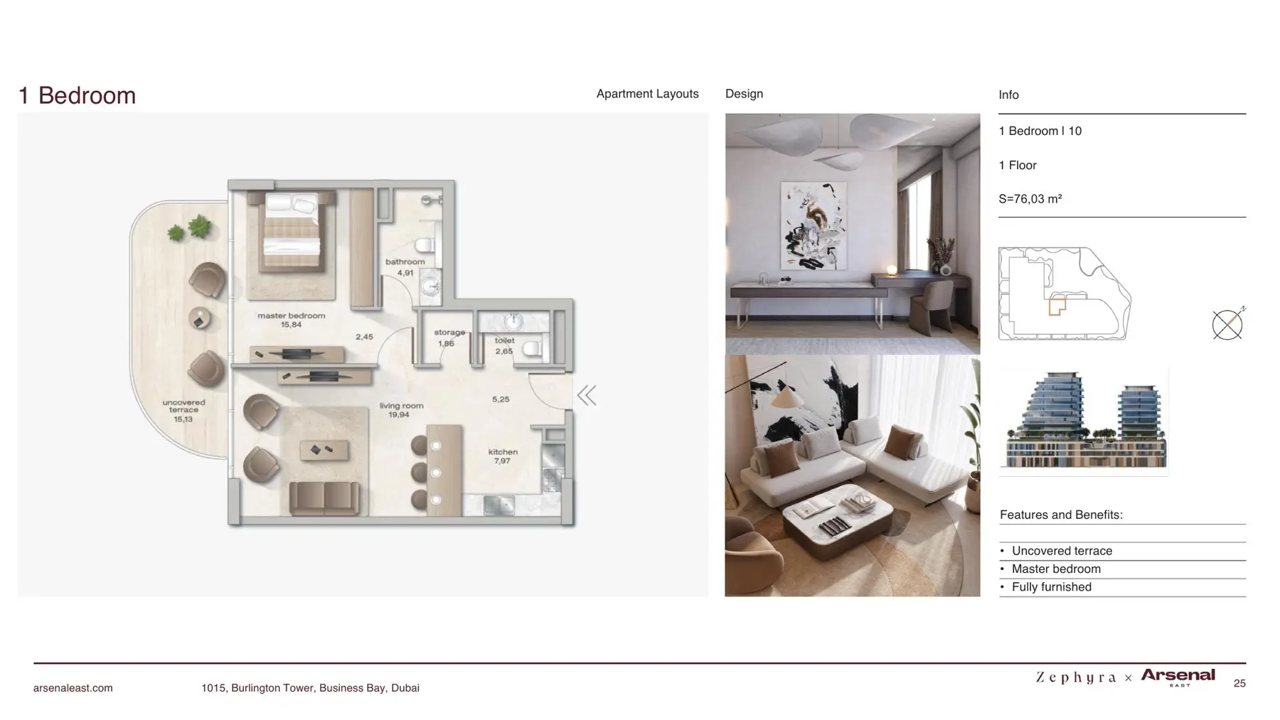 One-bedroom apartment plan, 76.03 m2