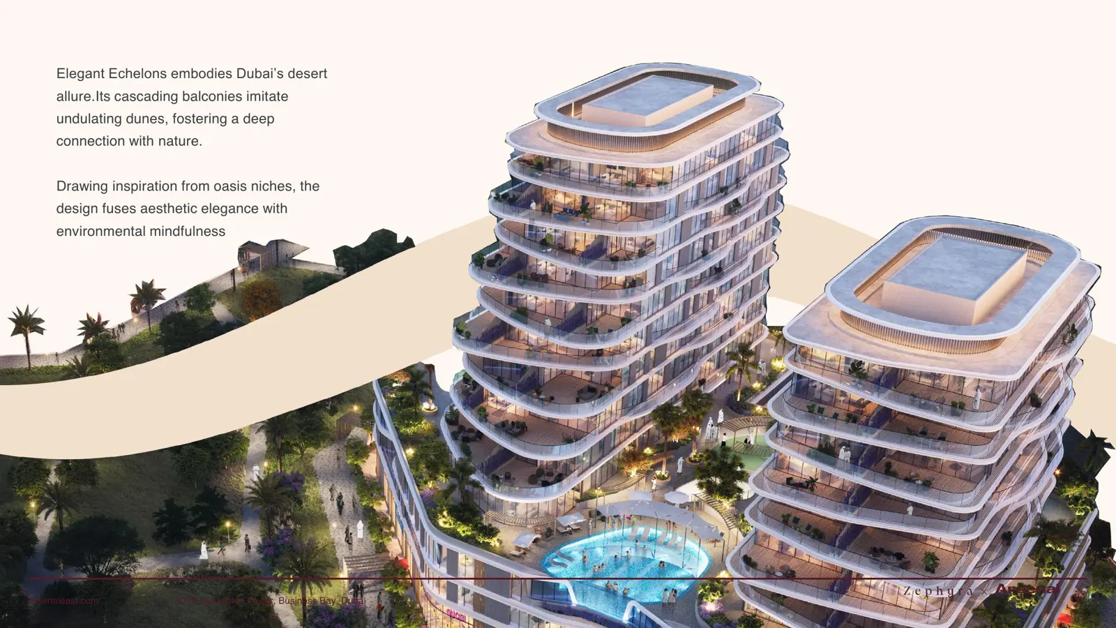 Two towers with cascading balconies and pool podium