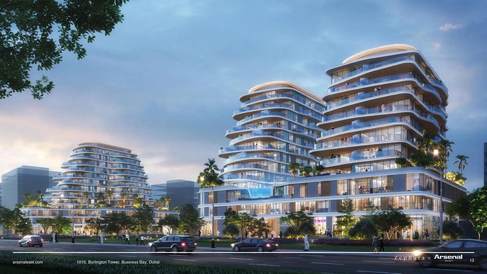 Zephyra towers at dusk seen from the street
