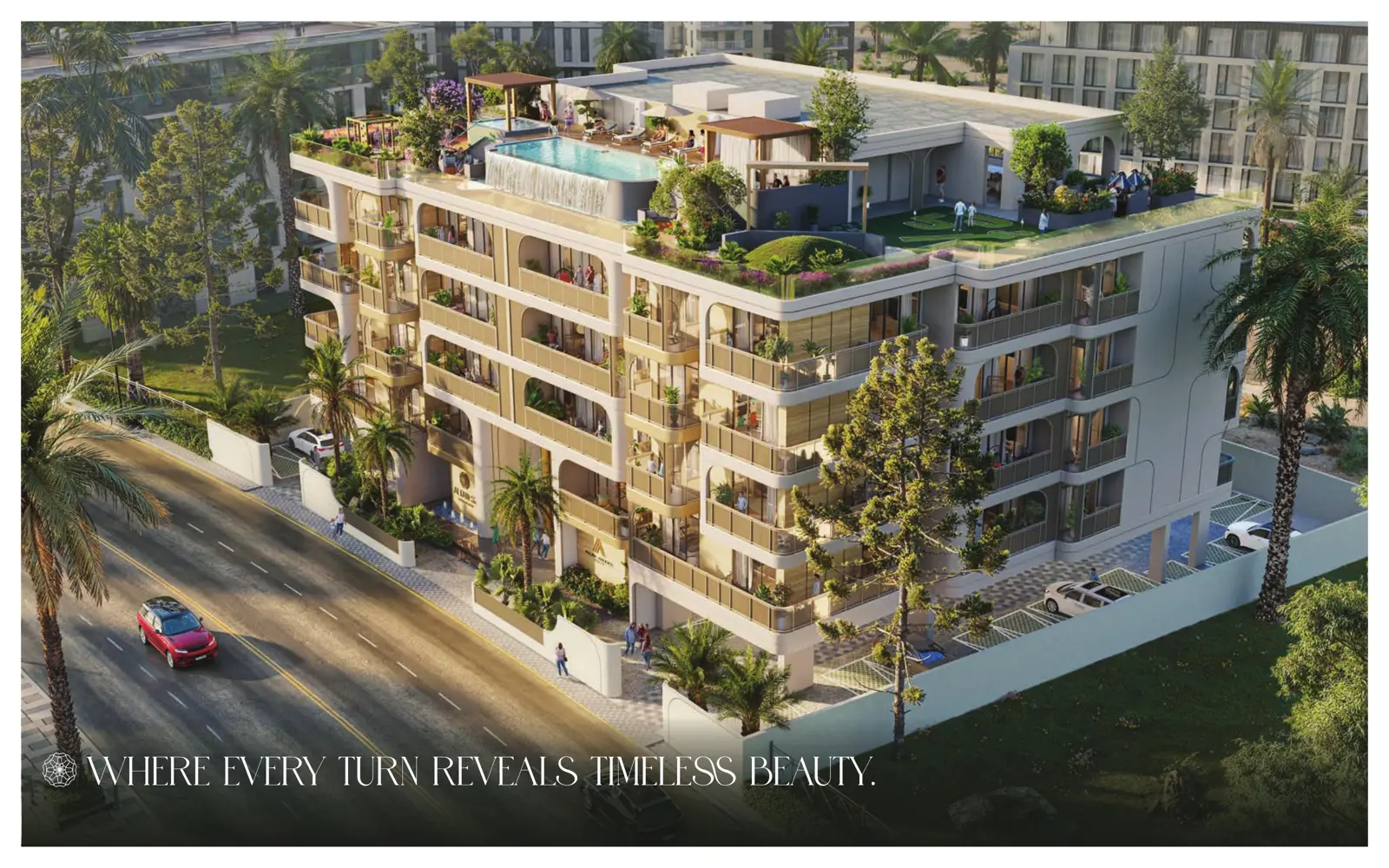 Aerial view of building with rooftop pool
