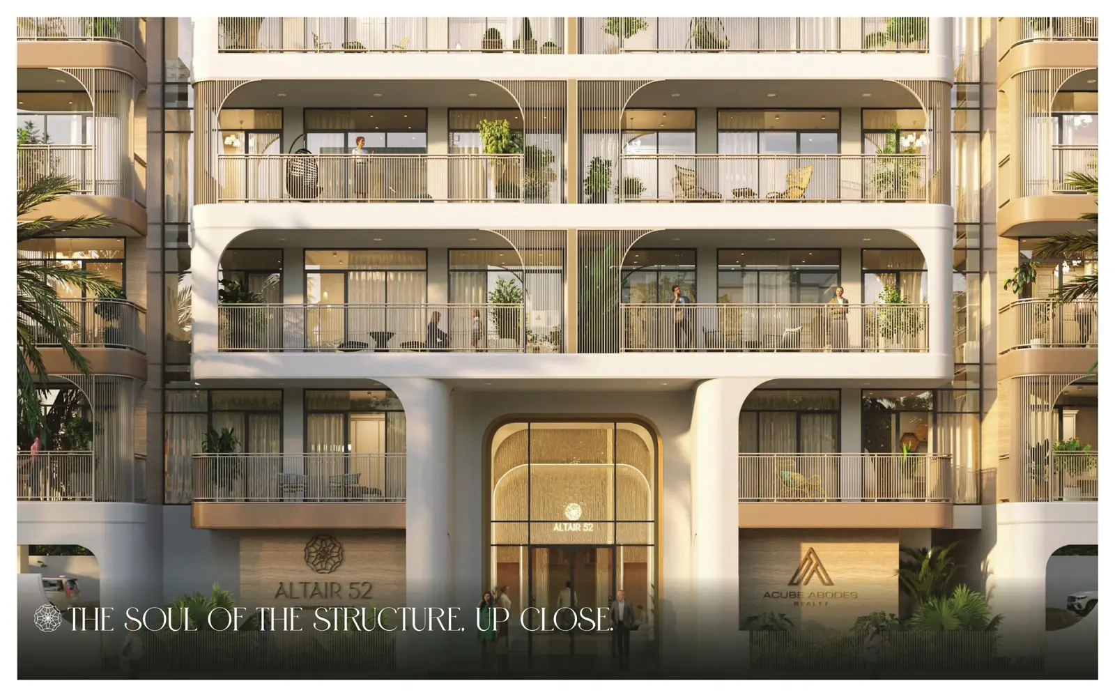 Close view of entrance and balconies