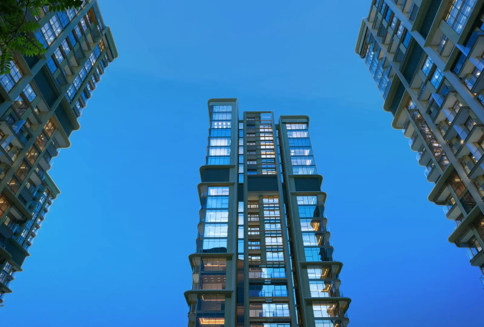 Tower seen from below at dusk