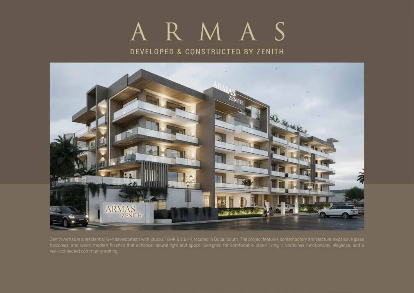 Evening view of the Armas building facade