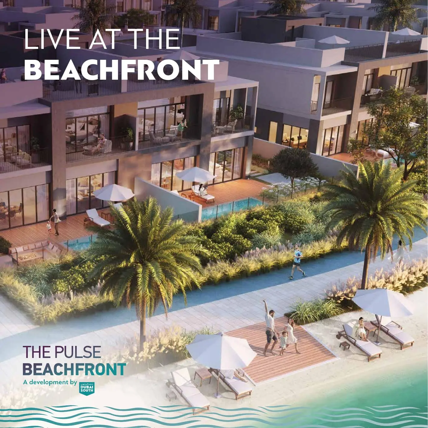 Beachfront villas with pool terraces and palm trees