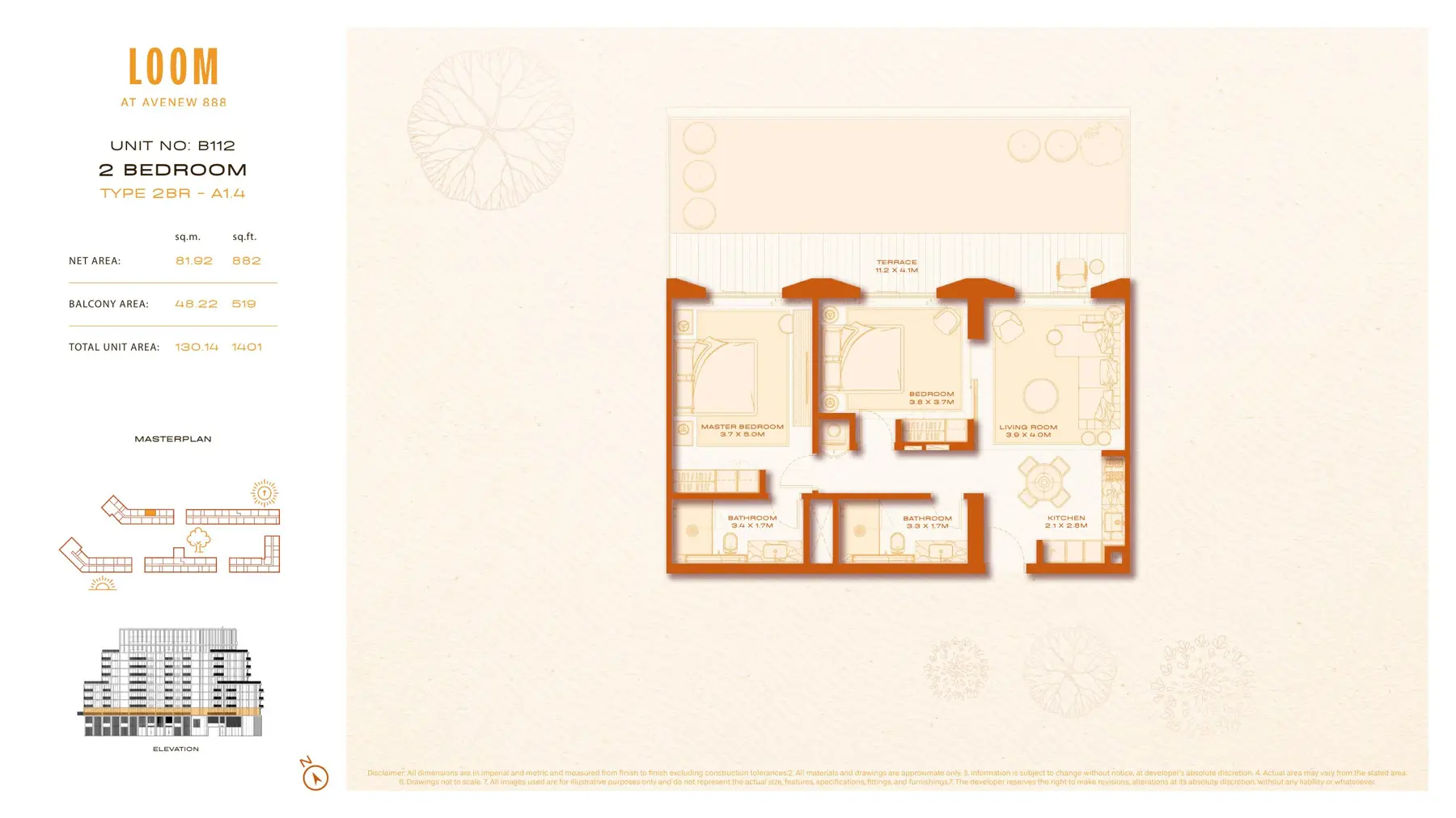 Two bedroom floor plan, unit B112