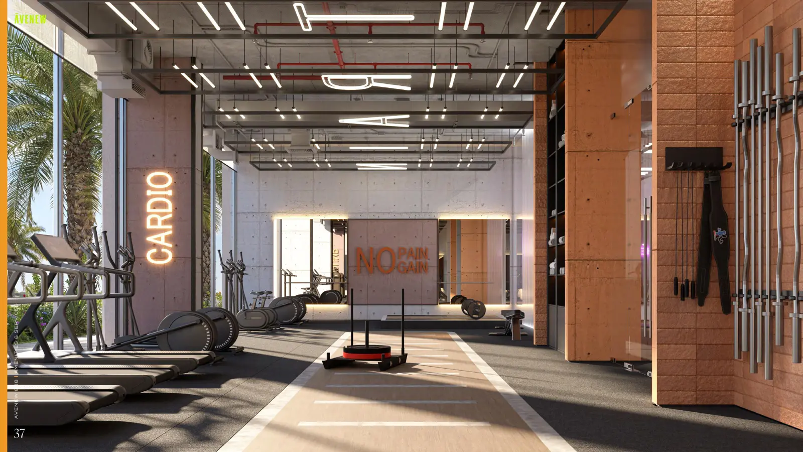 Indoor gym with cardio machines and weights